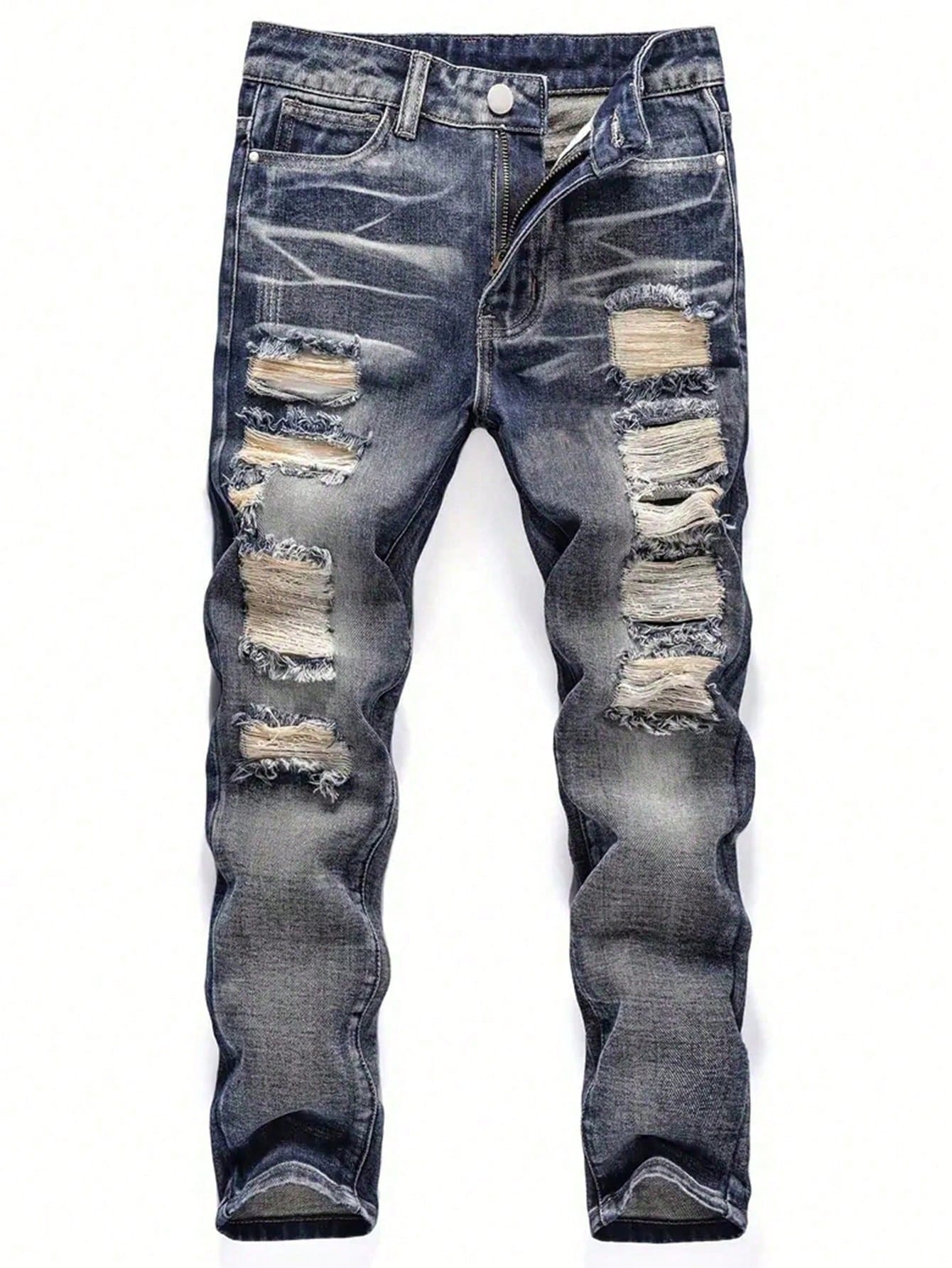 Vintage Style Distressed Men's Street Wear Denim Jeans, Belt Not Included