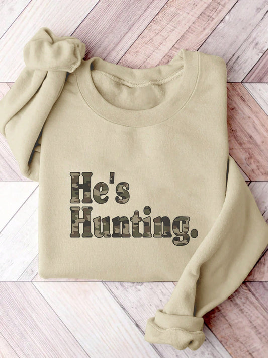 EZwear Hunting Slogan Print Thermal Lined Loose Fit Crew Neck Women Sweatshirt