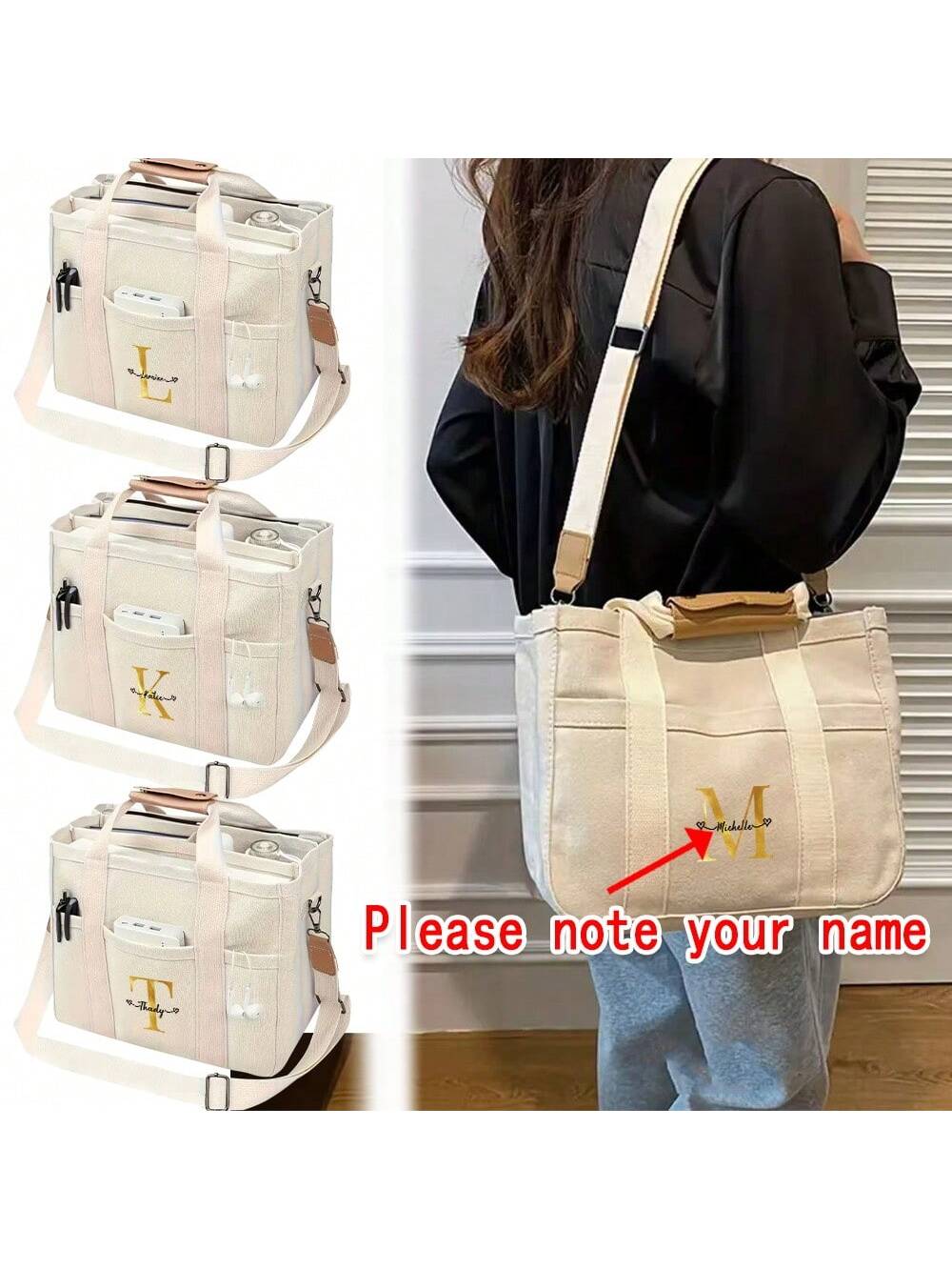 Free Customised Name 1pc Durable Canvas Tote Bag With Separations, Lightweight Shoulder Bag For Casual Commute And Everyday Use(Black, White) Bags Ladies