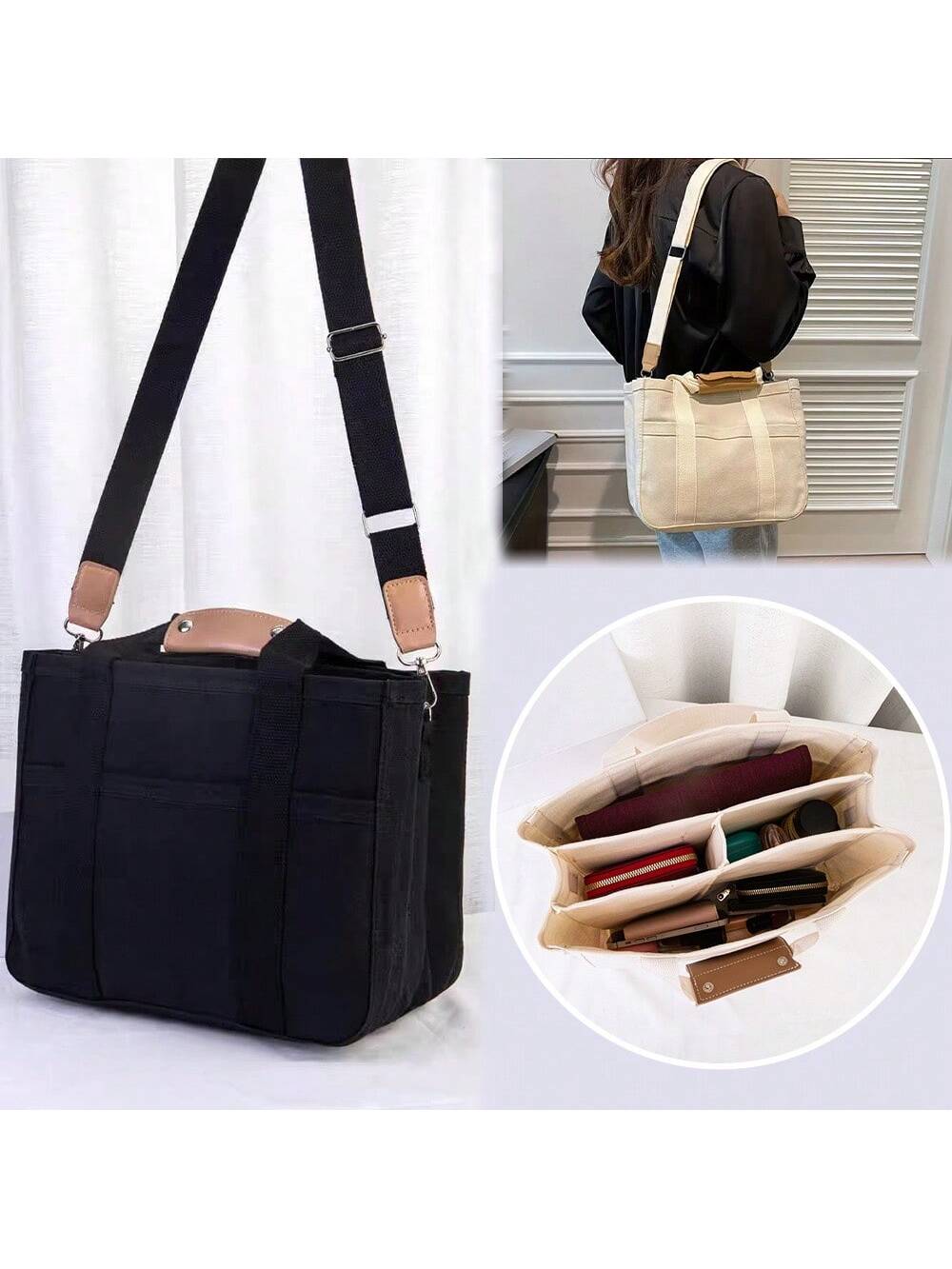 Free Customised Name 1pc Durable Canvas Tote Bag With Separations, Lightweight Shoulder Bag For Casual Commute And Everyday Use(Black, White) Bags Ladies