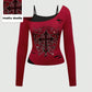 ROMWE Grunge Punk Punk Contrast Color Cross Print Rhinestone 2 In 1 Tight Fit Long Sleeve Women T-Shirt