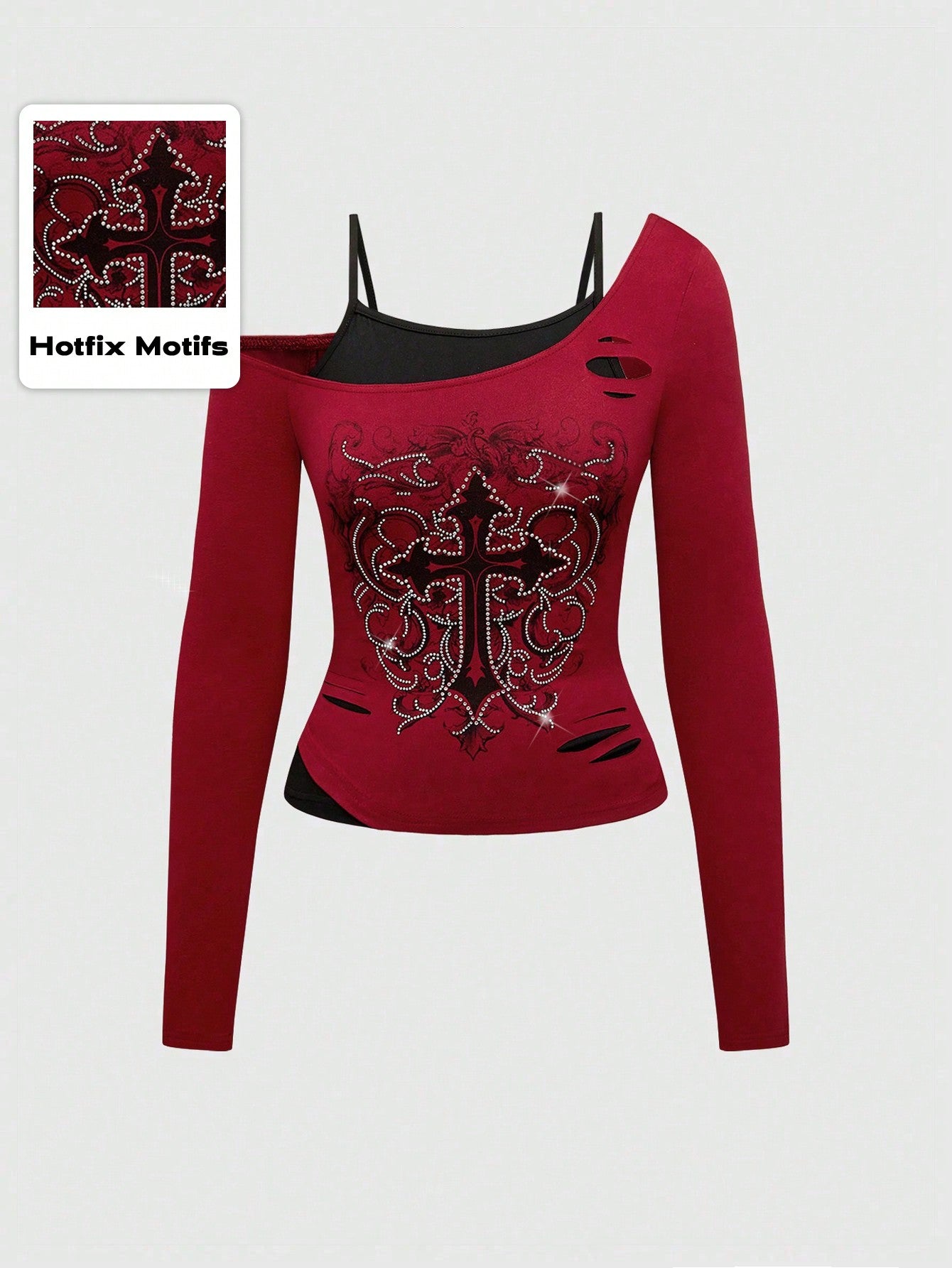 ROMWE Grunge Punk Punk Contrast Color Cross Print Rhinestone 2 In 1 Tight Fit Long Sleeve Women T-Shirt