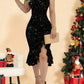 1pc Red Off Shoulder Pearl Decor Sexy Solid High Slit Ruffle Hem Sparkly Elegant Party Dress For Women