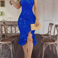 1pc Red Off Shoulder Pearl Decor Sexy Solid High Slit Ruffle Hem Sparkly Elegant Party Dress For Women