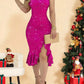 1pc Red Off Shoulder Pearl Decor Sexy Solid High Slit Ruffle Hem Sparkly Elegant Party Dress For Women