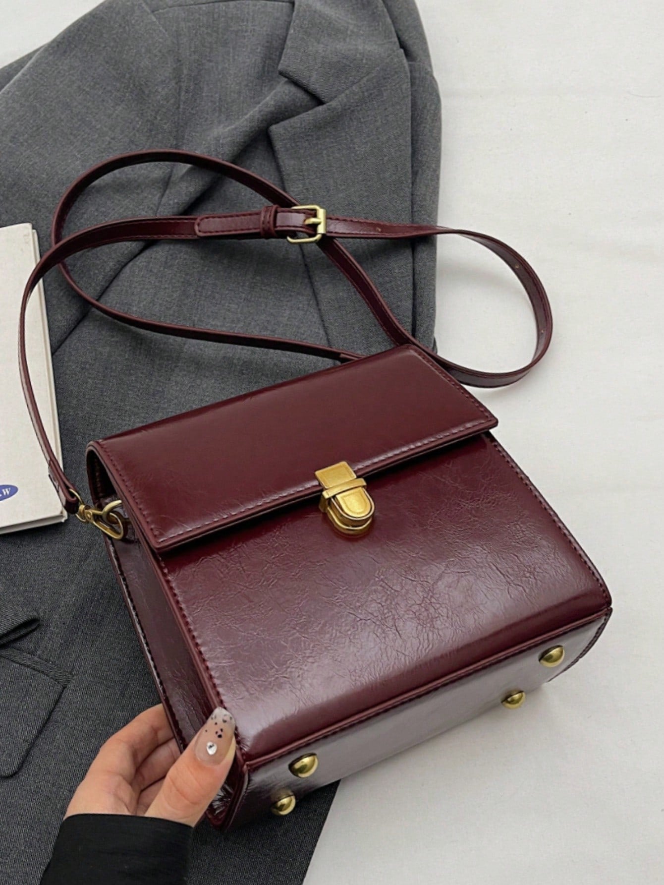 Mini Push Button Flap Square Bag Solid Color Leather Crossbody Bags For Women Shoulder Messenger Bag Lady Handbags Square Female Purses, Burgundy Bag