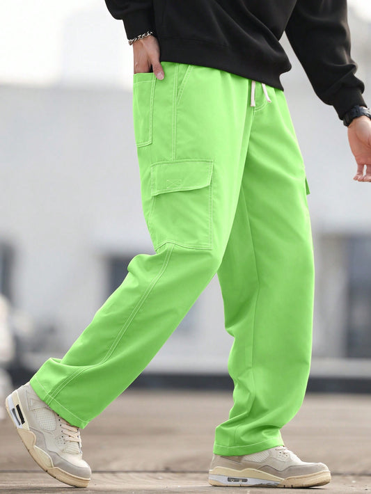 Manfinity Homme Men's Fluorescent Green Cargo Pocket Drawstring Waist Casual Pants