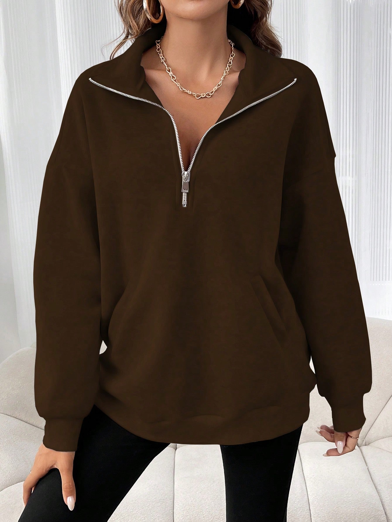 INAWLY Women Stand Collar Zipper Sweatshirt Solid Color Pocket Design, Casual And Fashionable For Daily Wear