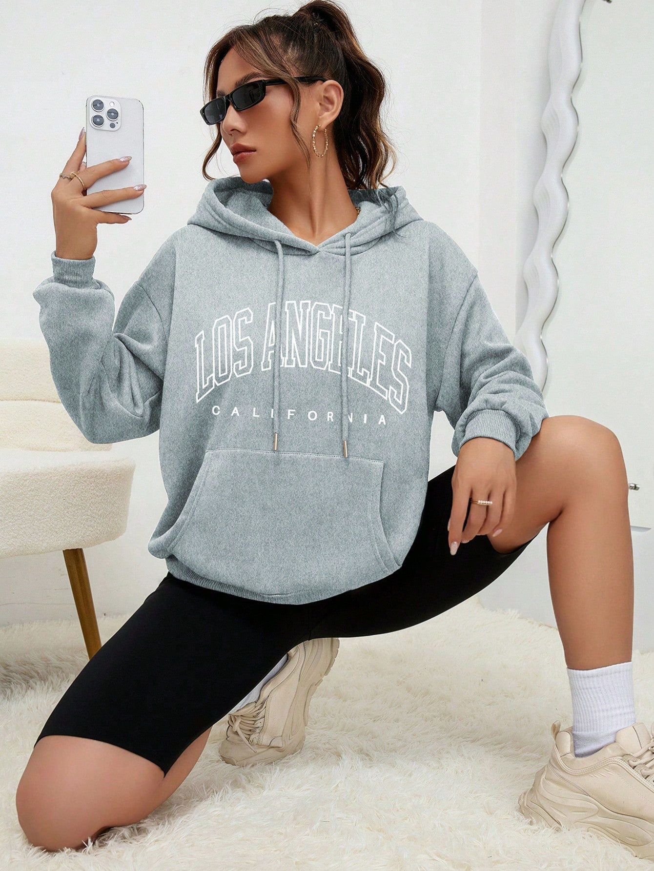 INAWLY Letter Graphic Kangaroo Pocket Drop Shoulder Drawstring Hoodie