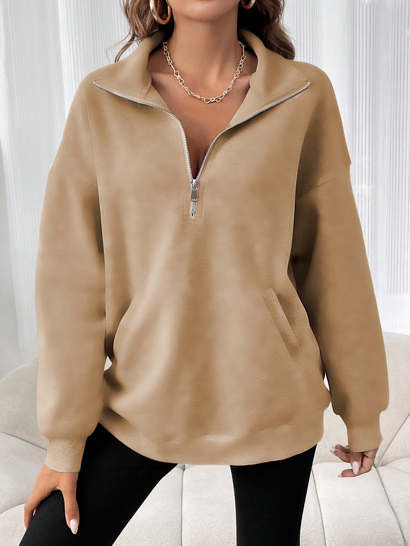 INAWLY Women Stand Collar Zipper Sweatshirt Solid Color Pocket Design, Casual And Fashionable For Daily Wear