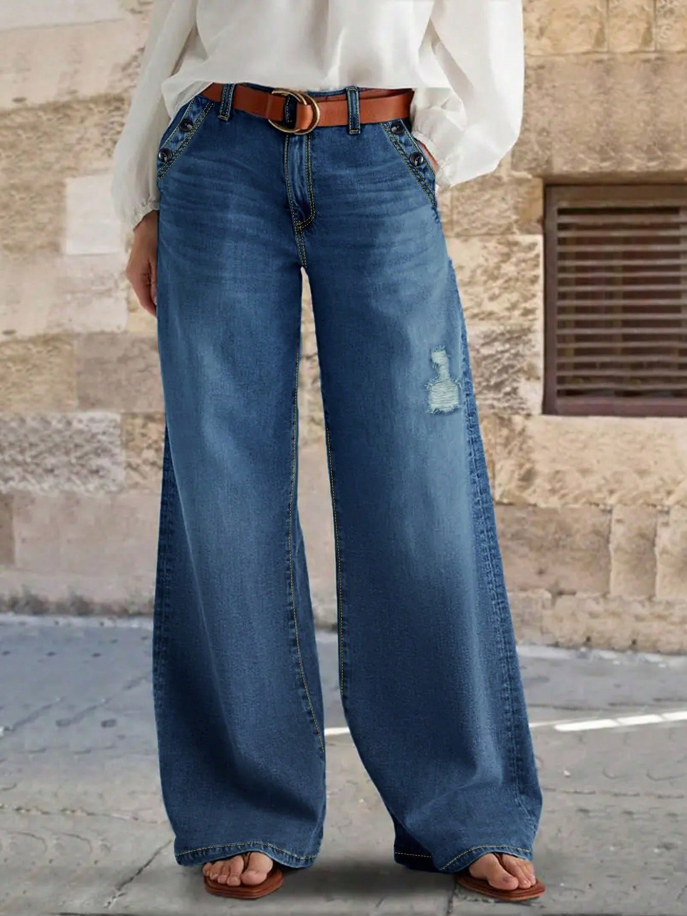 Women's Casual Double Breasted Women's Micro Flared Pants, Non Elastic Band Pockets, Loose Fit, Comfortable Casual Denim Wide Leg Pants