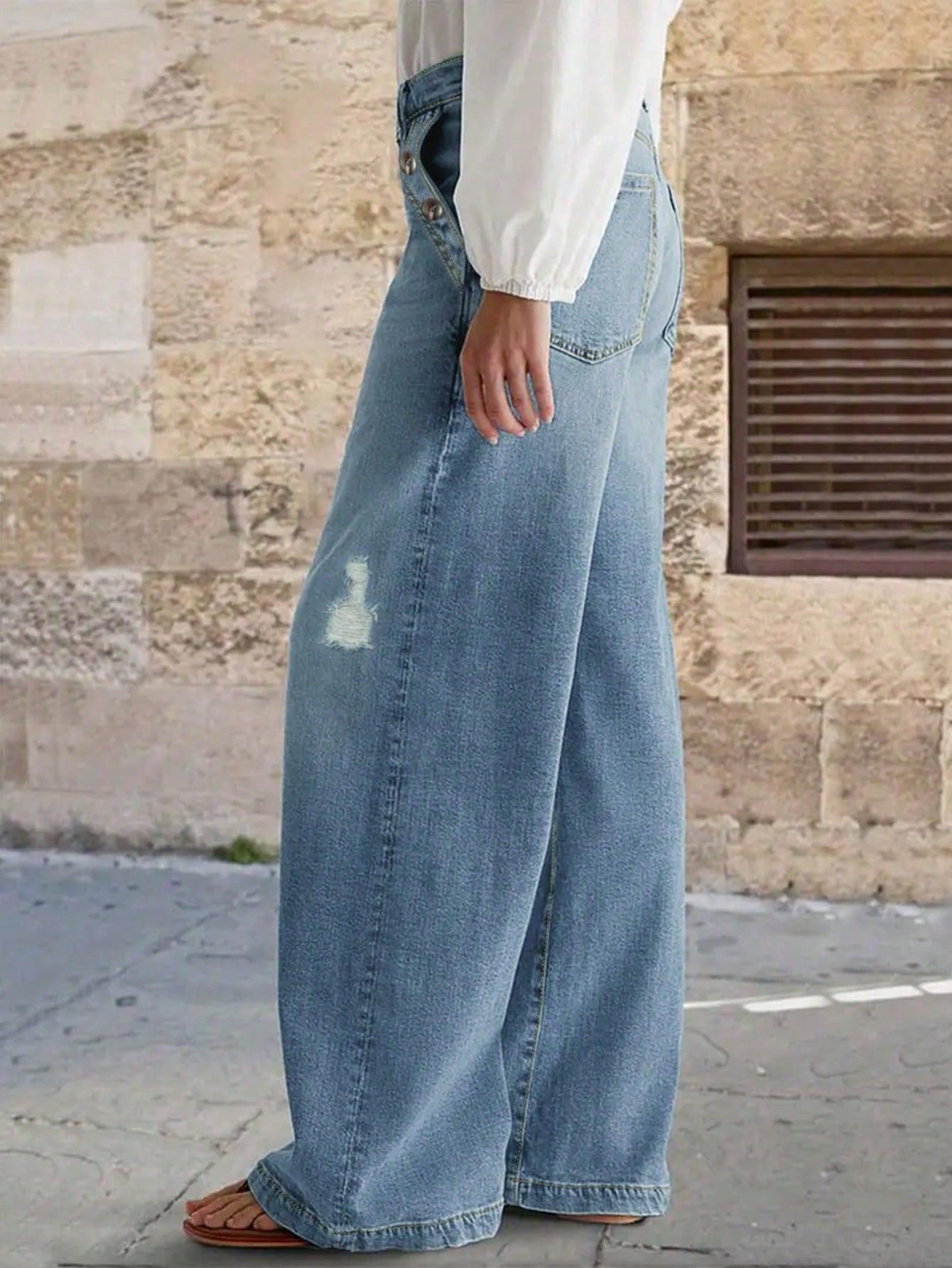 Women's Casual Double Breasted Women's Micro Flared Pants, Non Elastic Band Pockets, Loose Fit, Comfortable Casual Denim Wide Leg Pants