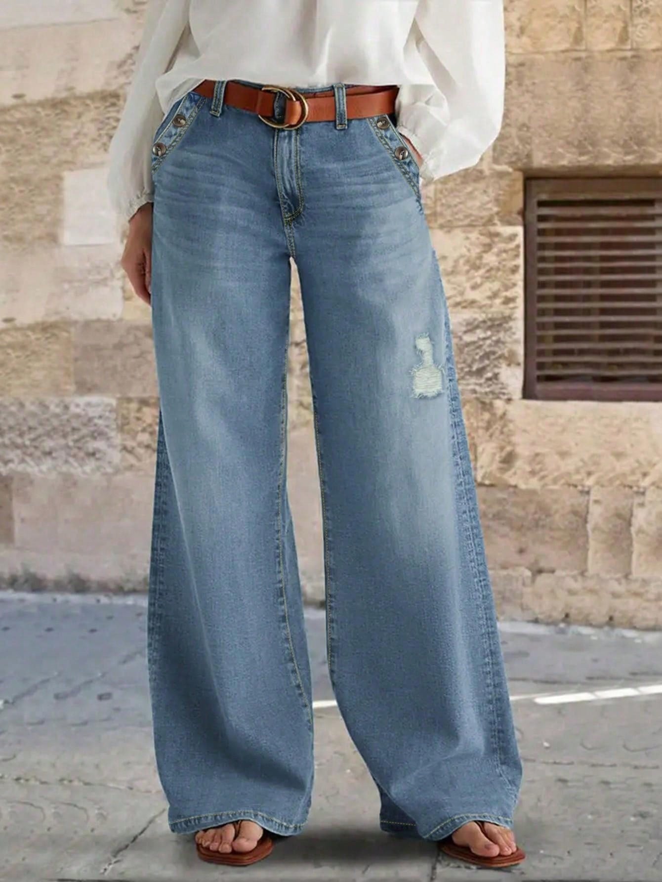 Women's Casual Double Breasted Women's Micro Flared Pants, Non Elastic Band Pockets, Loose Fit, Comfortable Casual Denim Wide Leg Pants