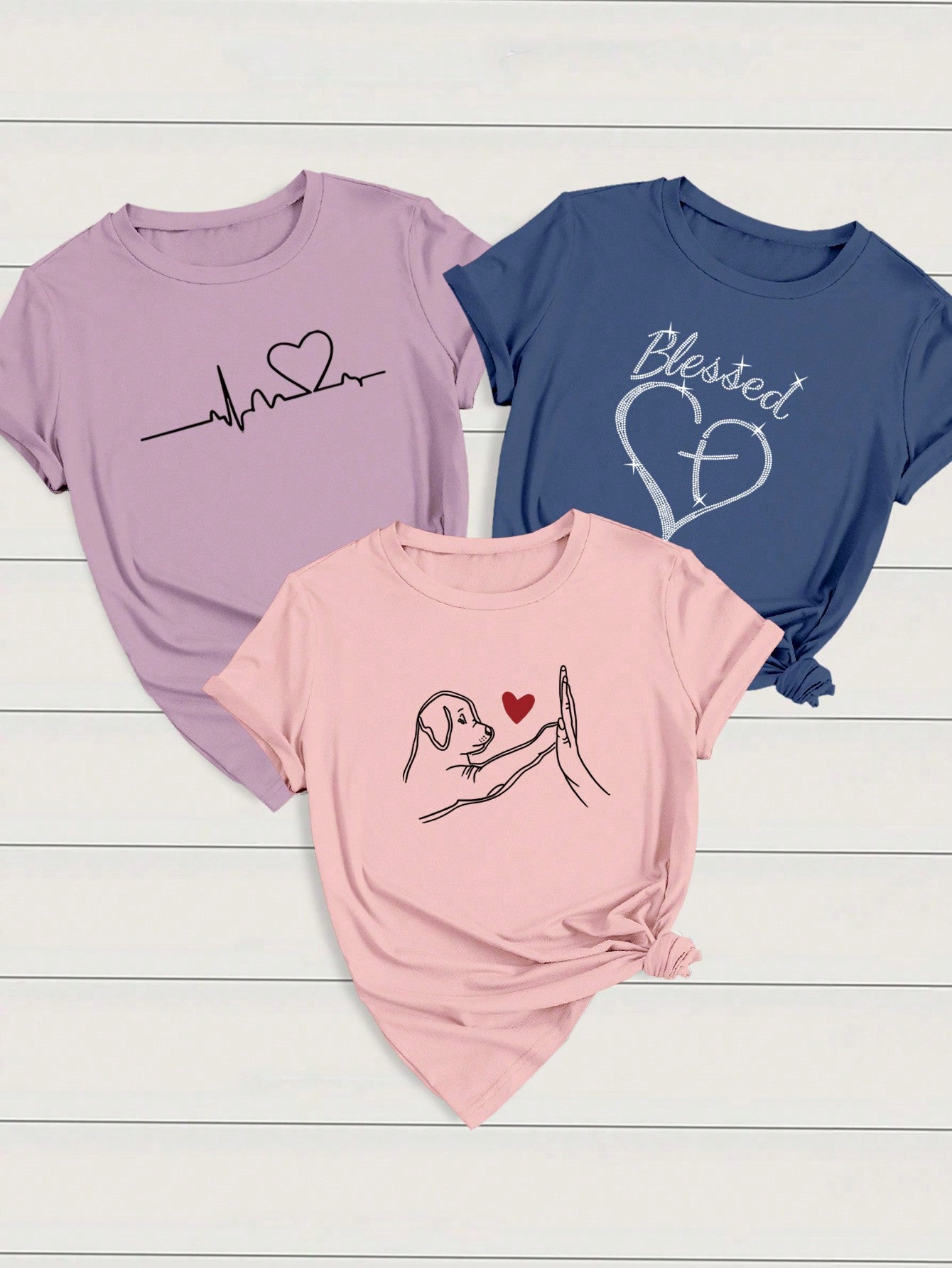 INAWLY  LUNE 3pcs/Set Women's Casual Outfit With Heart, ECG, And Letter Graphic Short Sleeve T-Shirt Graphic Tees Women Tops