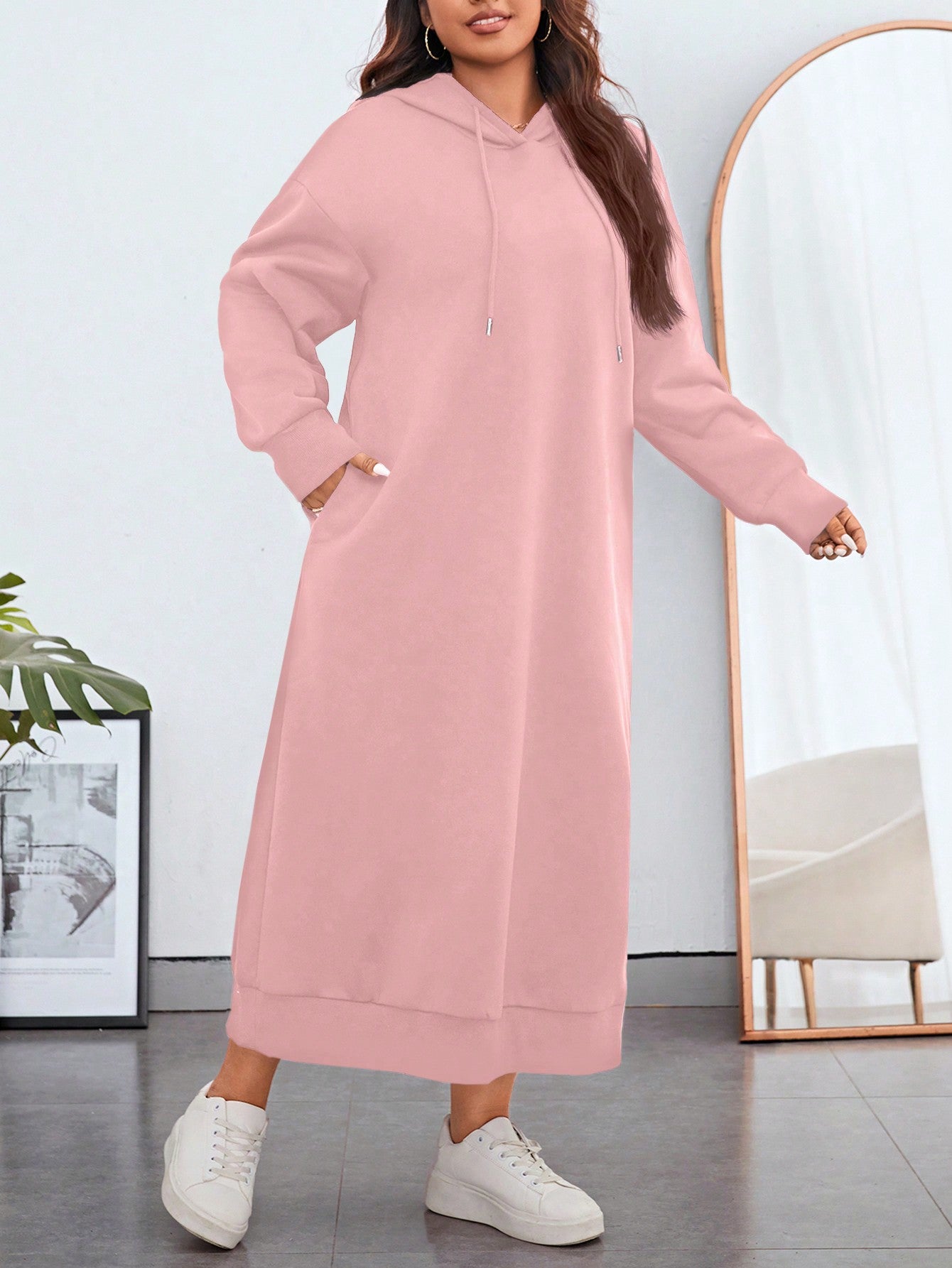 Essnce Plus Size Women Drop Shoulder Solid Color Long Sleeve Kangaroo Pocket Drawstring Hooded Long Casual Sweatshirt Dress, Autumn