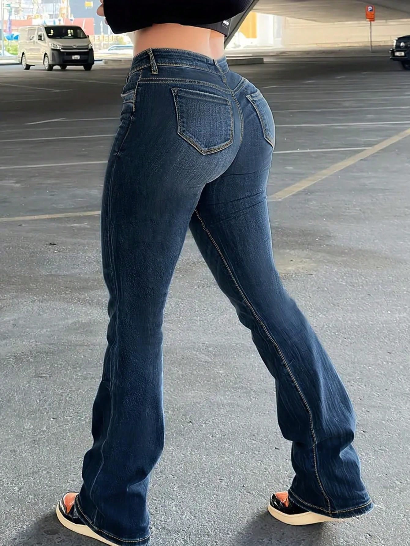 Women's Elastic Mid Waist Button Zipper Denim Pants, Casual And Fashionable, Very Suitable For Casual Daily Wear, Gatherings Or Work