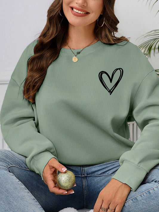 LUNE Plus Size Women Heart Printed Round Neck Long Sleeve Sweatshirt Sports Shirt, For Thanksgiving