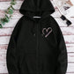 Essnce Heart Print Zip Up Drawstring Thermal Lined Hoodie,Long Sleeve Tops