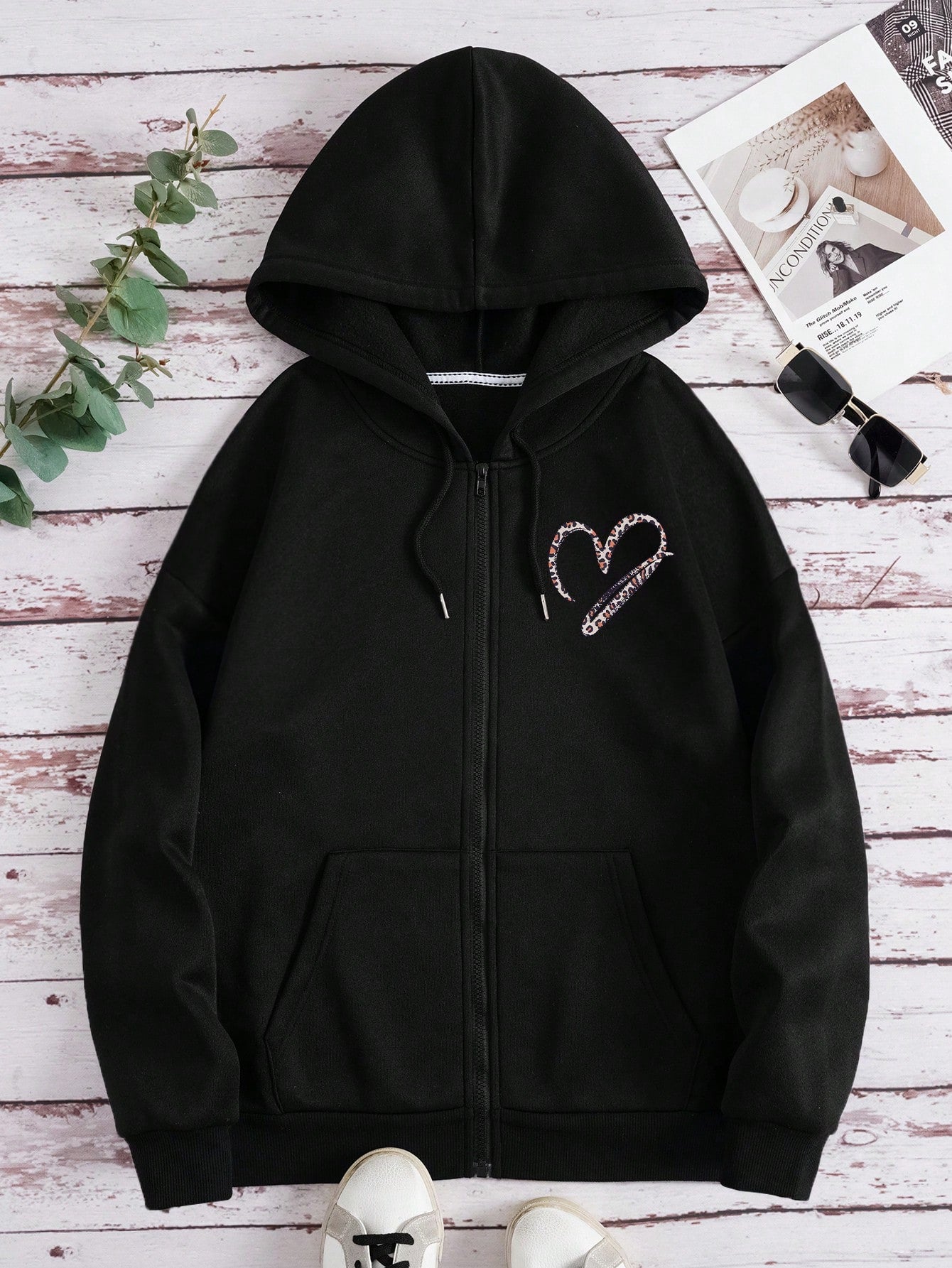 Essnce Heart Print Zip Up Drawstring Thermal Lined Hoodie,Long Sleeve Tops