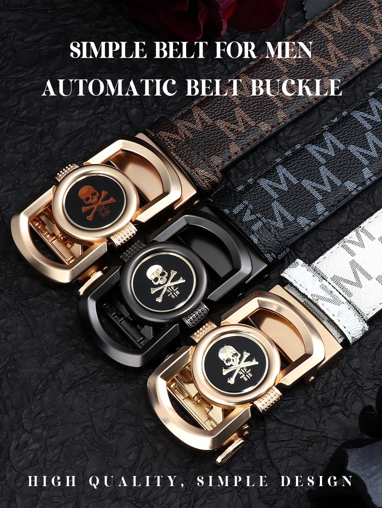 1pc Men's Punk Style Belt, Skull Shape Metal Automatic Buckle Leather Belt, Middle-Aged Street Hip-Hop Pants Belt, Letter M Print Waistband