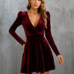 Women's Long Sleeve Dress V Neck Leg Of Mutton Sleeve Waisted A-Line Velvet Dress