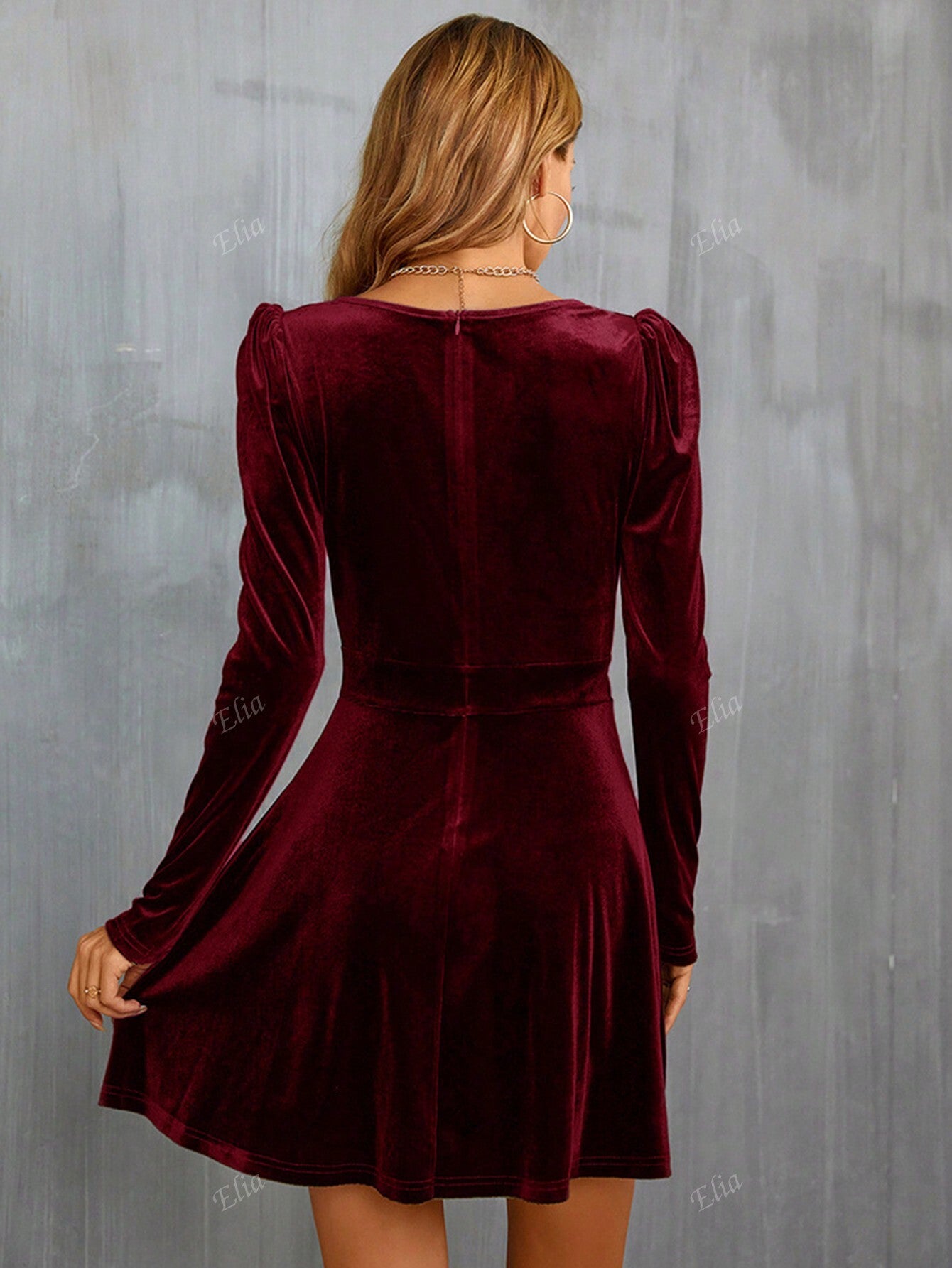 Women's Long Sleeve Dress V Neck Leg Of Mutton Sleeve Waisted A-Line Velvet Dress