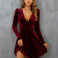 Women's Long Sleeve Dress V Neck Leg Of Mutton Sleeve Waisted A-Line Velvet Dress