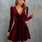 Women's Long Sleeve Dress V Neck Leg Of Mutton Sleeve Waisted A-Line Velvet Dress