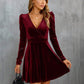 Women's Long Sleeve Dress V Neck Leg Of Mutton Sleeve Waisted A-Line Velvet Dress