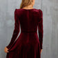 Women's Long Sleeve Dress V Neck Leg Of Mutton Sleeve Waisted A-Line Velvet Dress