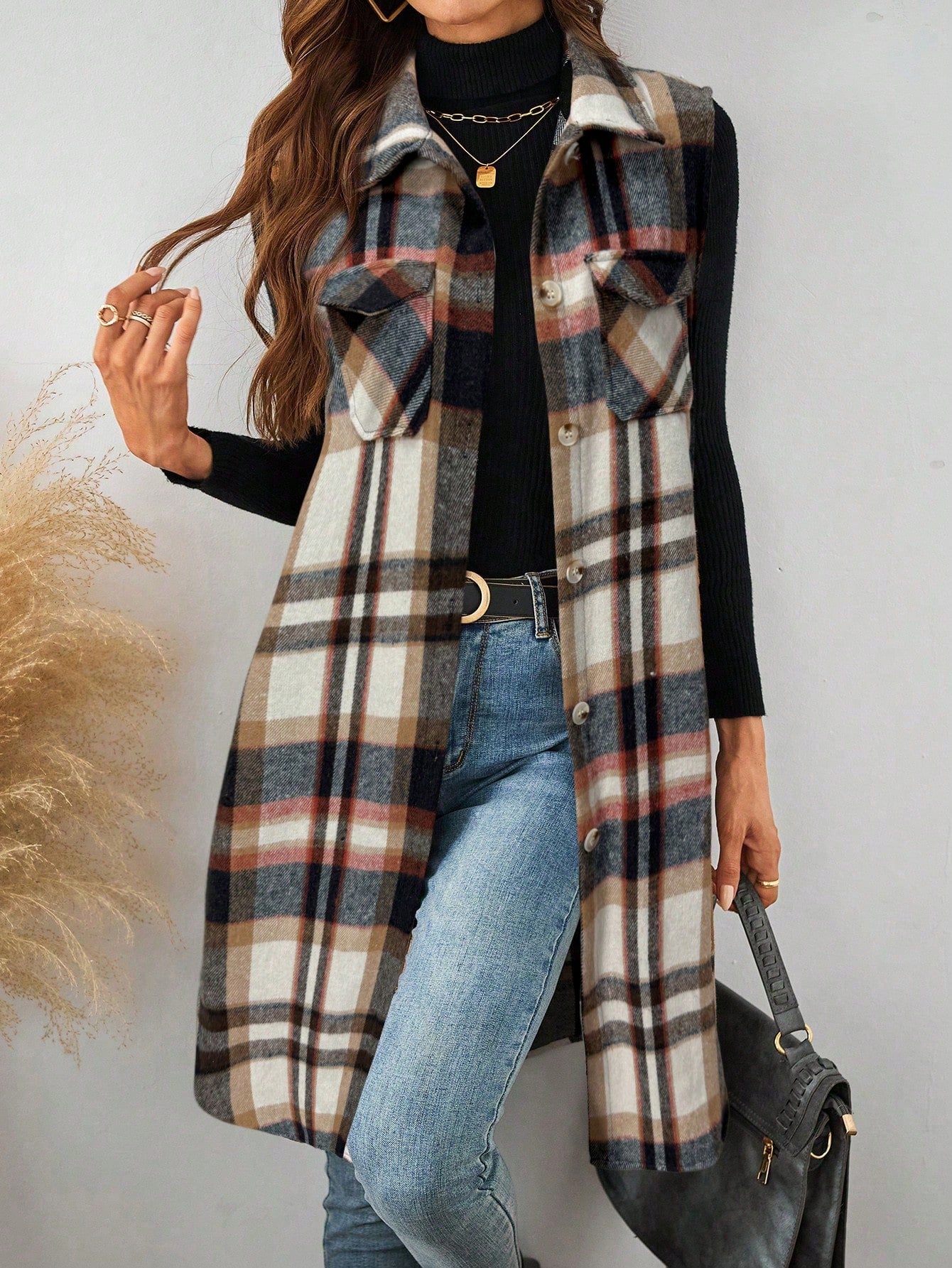 LUNE Plaid Pocket Sleeveless Casual Women Vest Jacket