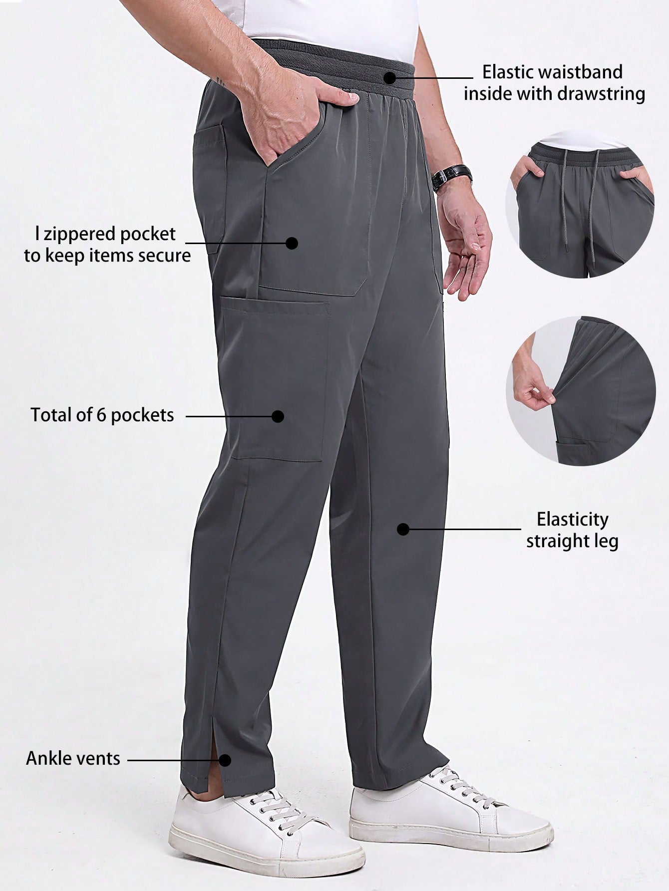 Manfinity Homme Men's Casual Plain Front Tie Pocket Long Pants, Daily Wear