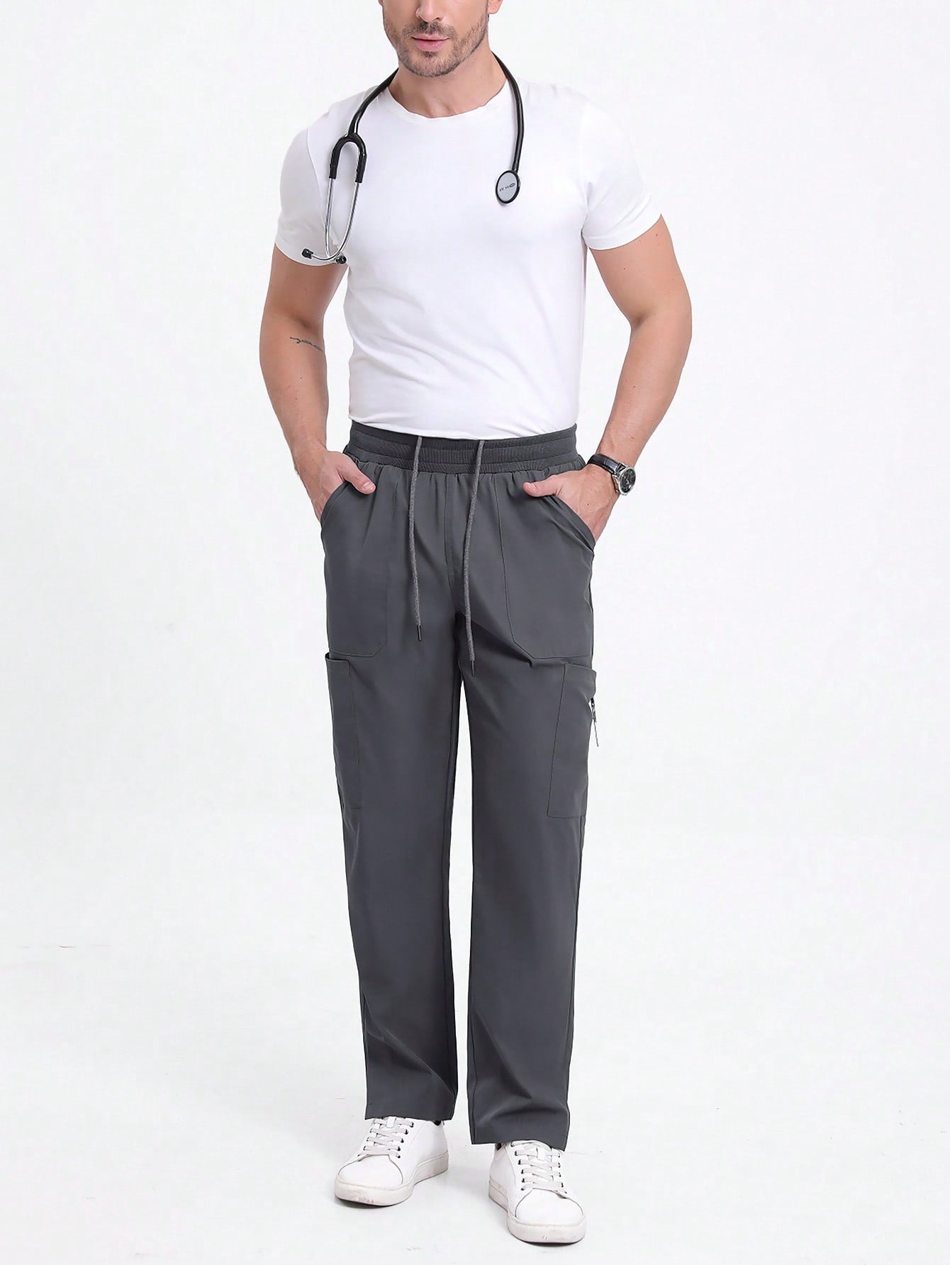 Manfinity Homme Men's Casual Plain Front Tie Pocket Long Pants, Daily Wear