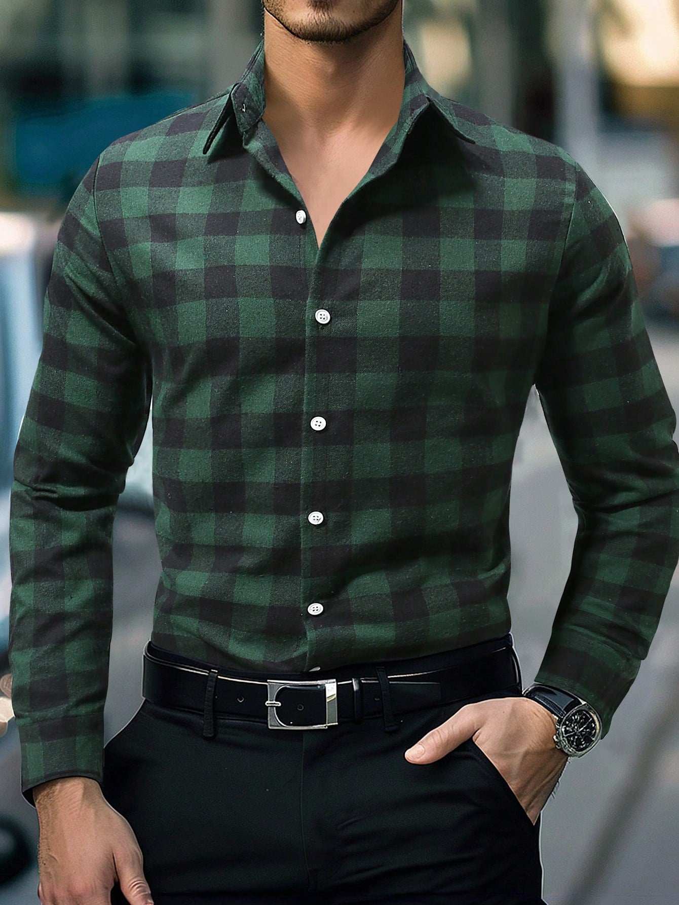 Men's Long Sleeve Brushed Plaid Shirt, Black