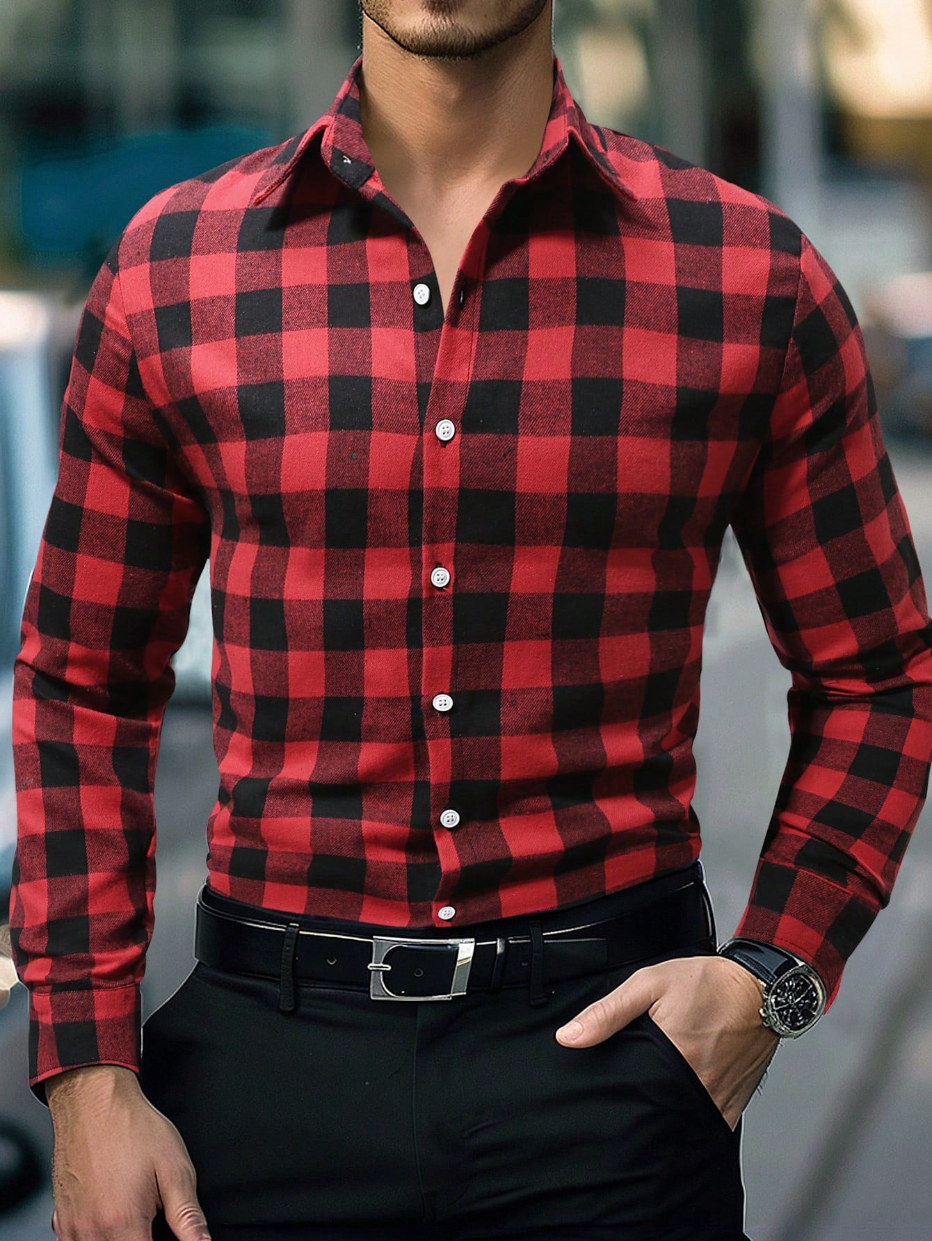 Men's Long Sleeve Brushed Plaid Shirt, Black