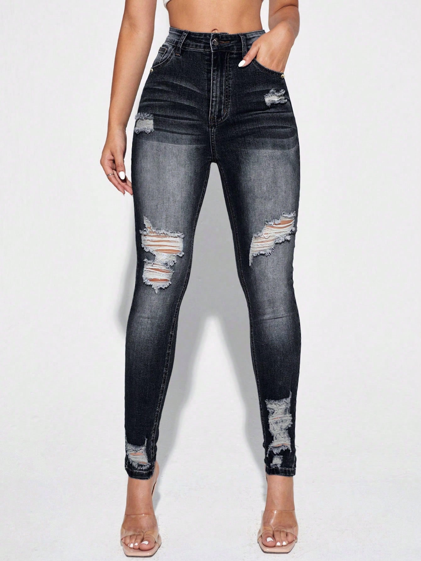 Essnce High Waist Ripped Skinny Jeans