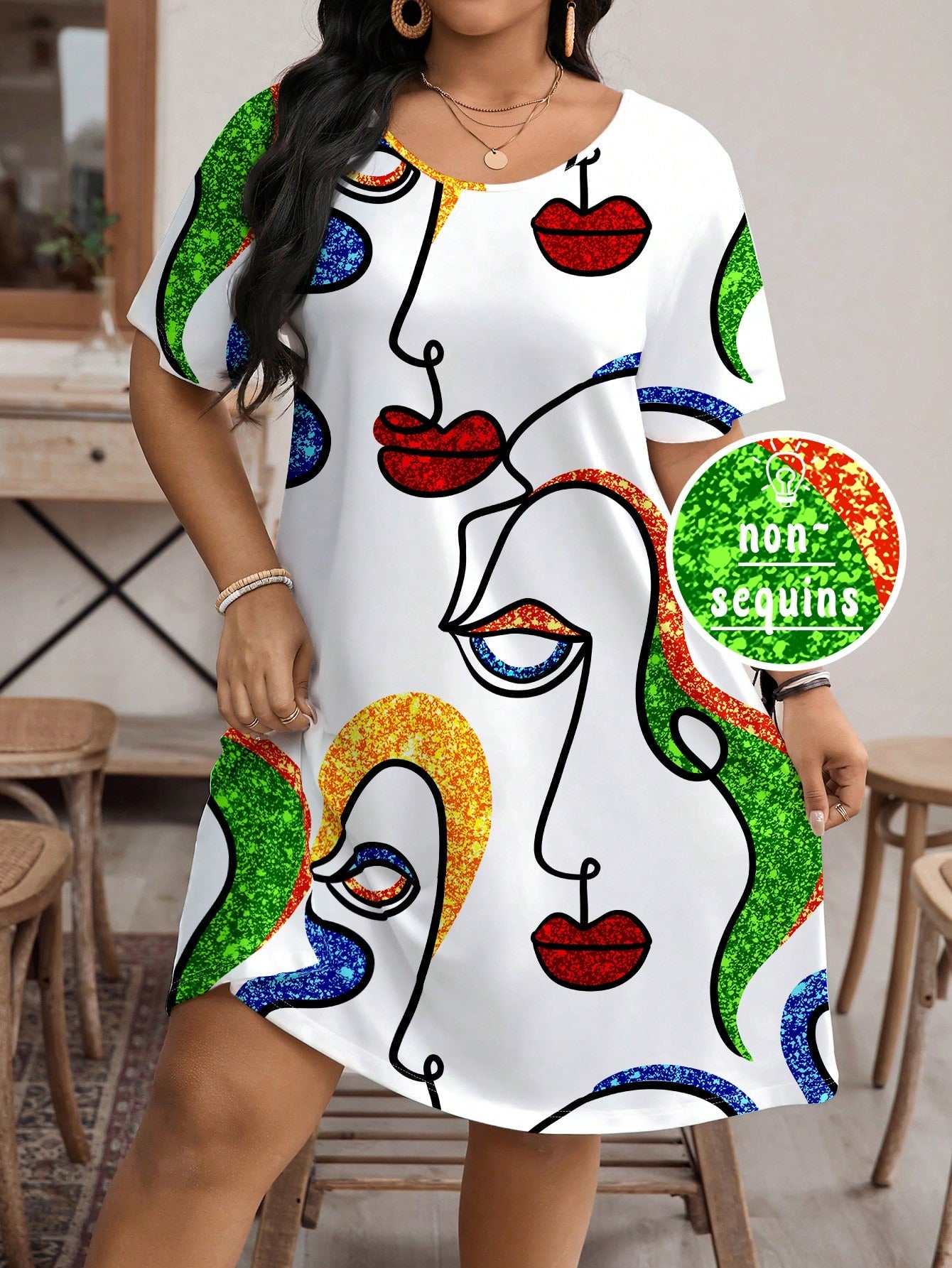 LUNE Plus Size Abstract Art Print Round Neck Short Sleeve Casual Summer Dress, For Thanksgiving