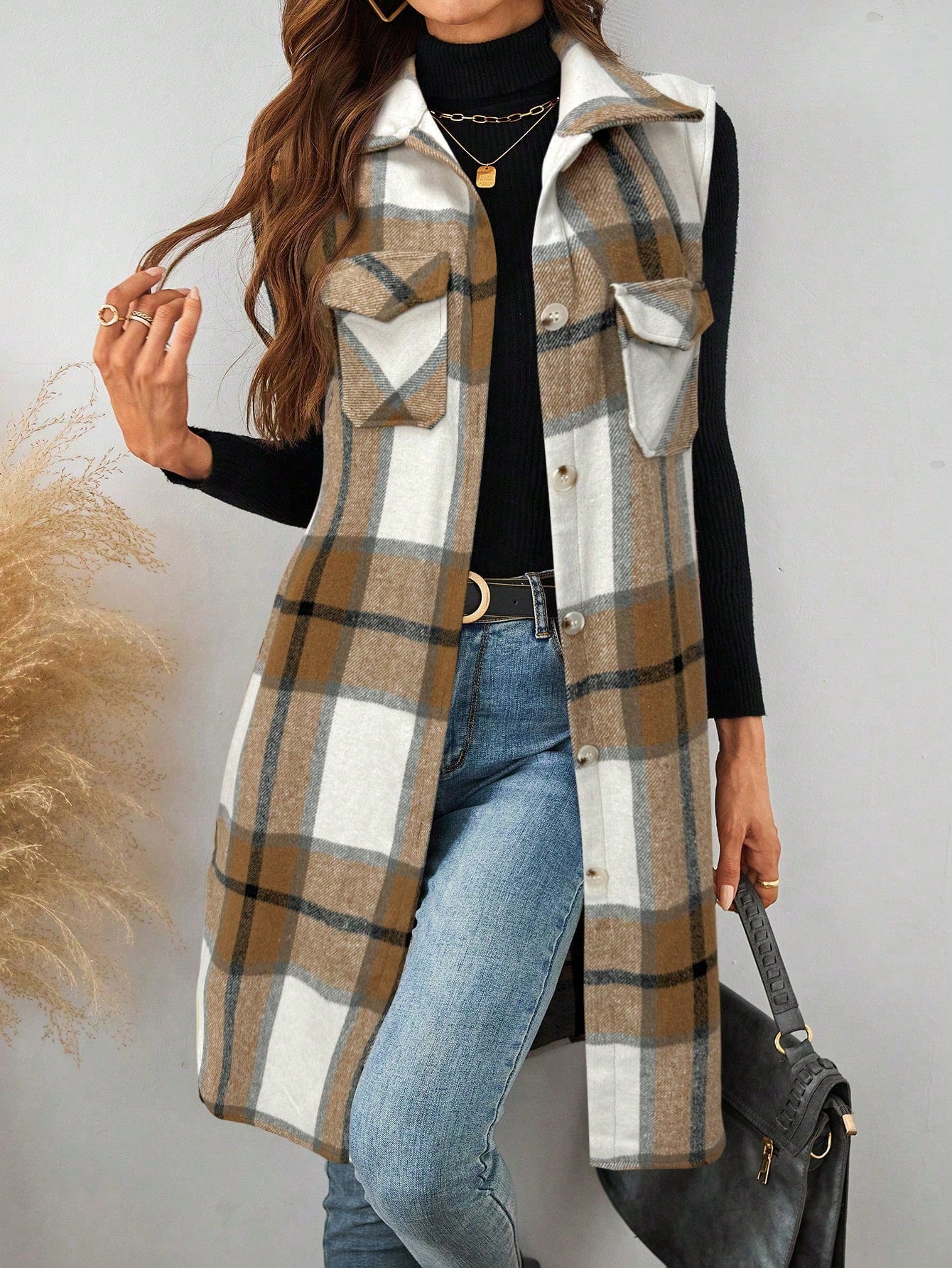 LUNE Plaid Pocket Sleeveless Casual Women Vest Jacket