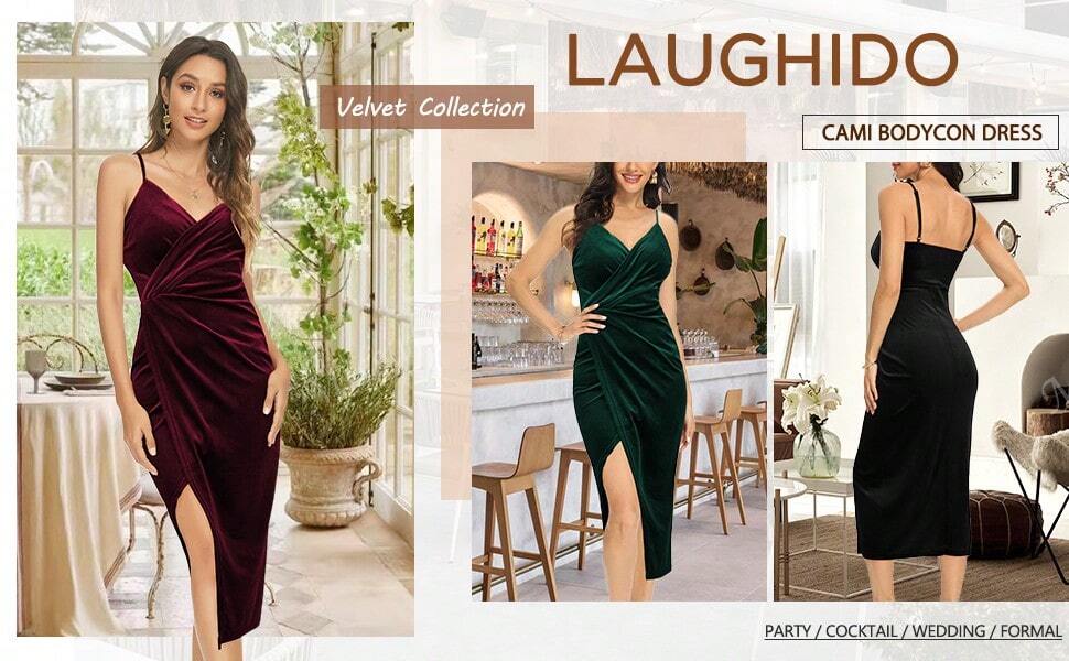 Missufe Women's Wrap Dark Green V Neck Slit Velvet Slim Fit Cocktail Dress Glittery Elegant Midi Adjustable Slip Dress, Prom Semi Formal Dress, For Birthday, Wedding Guest, Graduation, Dinner, Homecoming