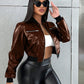 Women's Cropped  PU Leather Long Sleeve Zipper Chic High-End Streetwear Baseball  Jacket,Fall Winter Women Clothes, Bomber Women Jacket