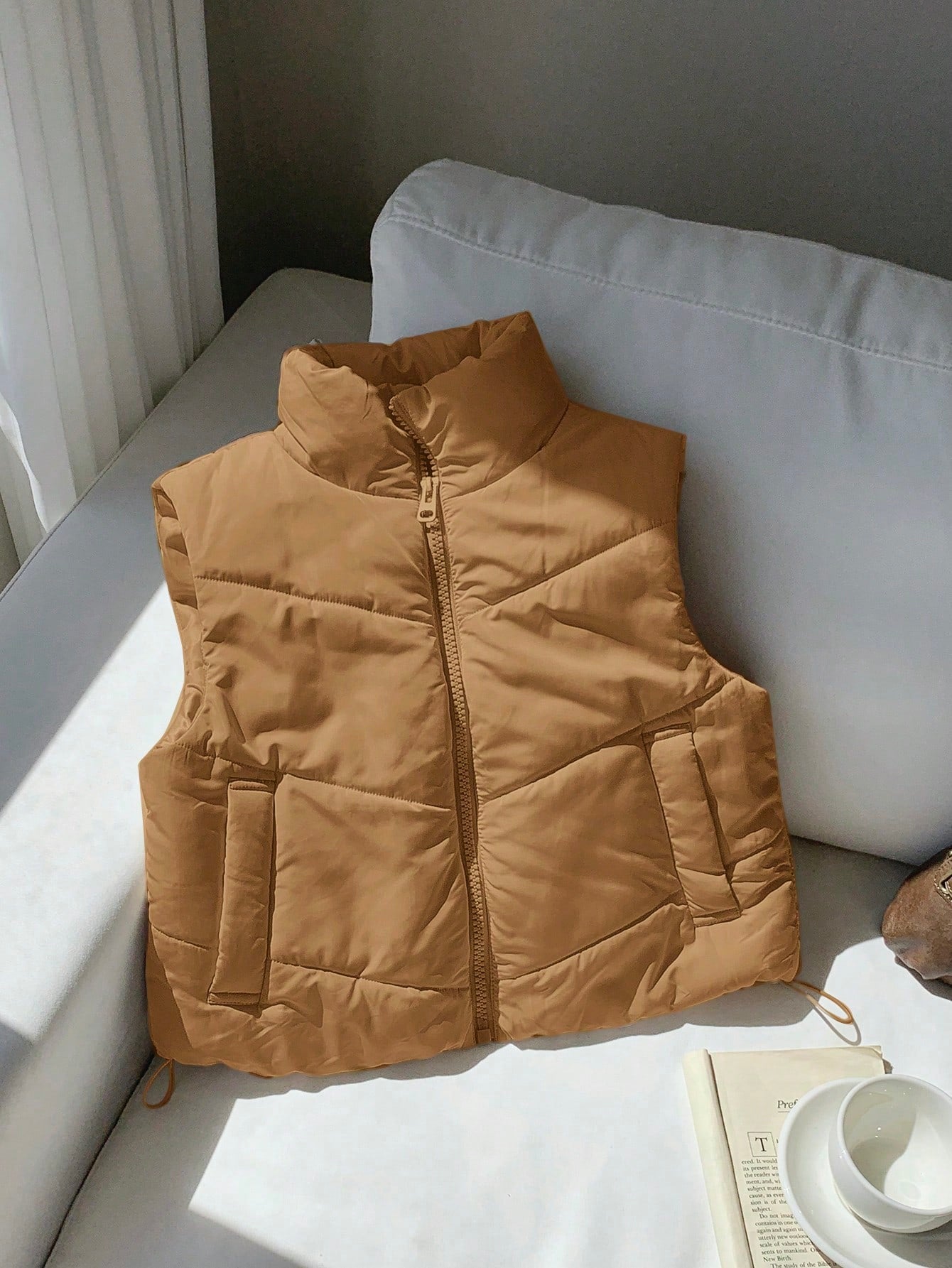 Comfortcana Winter Zip Up Double Face Snap Button Corduroy Drawstring Puffer Vest Coat