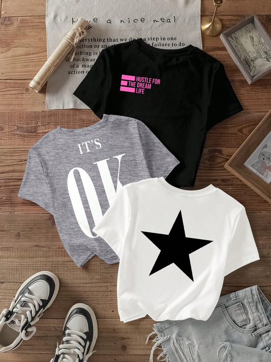 Attitoon 3pcs/Set Casual Simple OK, Pentagram, English Graphic Crew Neck Short Sleeve Fitted Crop Top Tees For Women, Summer