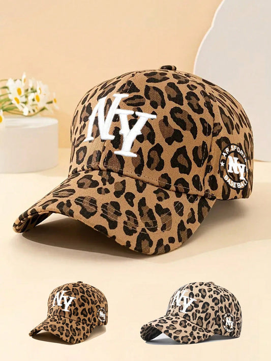 1pc Women's Embroidered NY Leopard Print Adjustable Baseball Cap, Outdoor Casual Sun Hat For Spring And Autumn, Versatile Travel Fashion Sun Protection, Unisex Youth Y2K Style Sun Hat