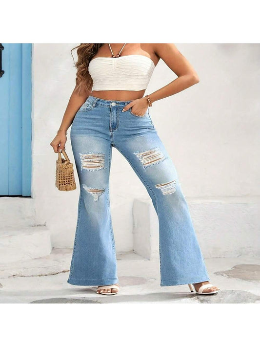 Plus Size Women's Washed Blue Flared Leg Denim Jeans, Casual Style With Zipper And Button Closure, Stylish Women's Clothing