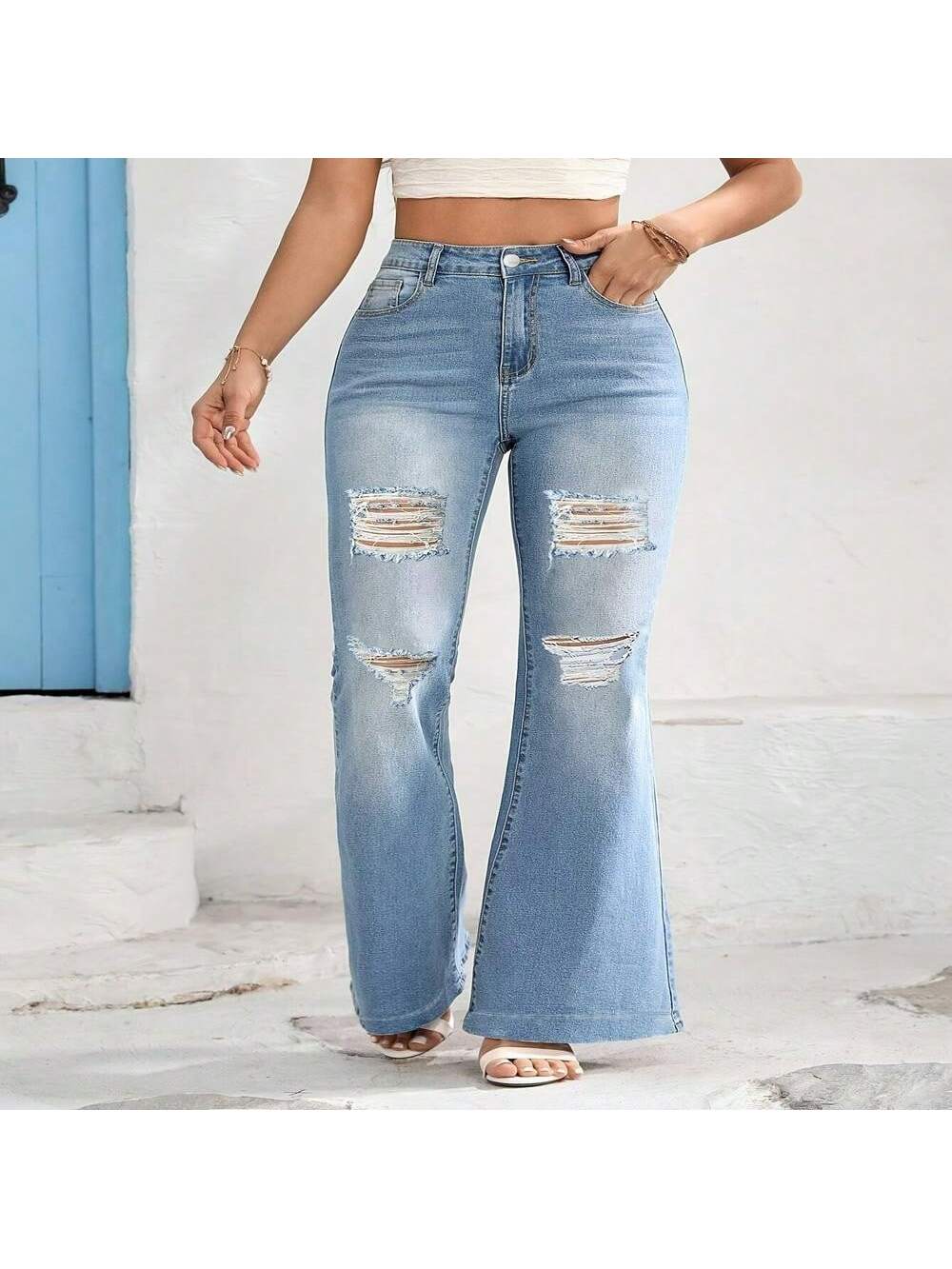 Plus Size Women's Washed Blue Flared Leg Denim Jeans, Casual Style With Zipper And Button Closure, Stylish Women's Clothing