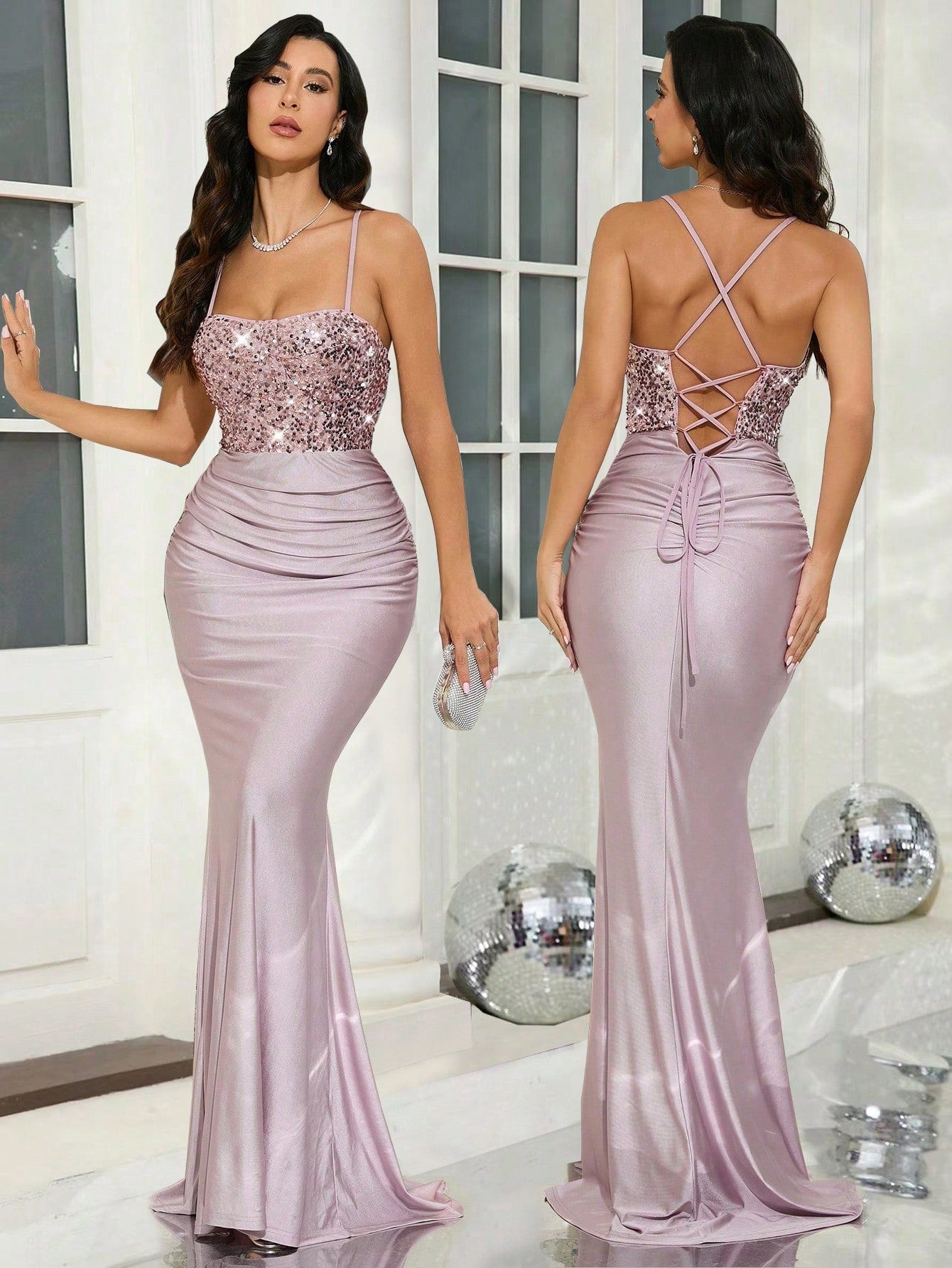 SHEIN Belle Women's Elegant Gorgeous Sequins Splicing Tie Backless Satin High Waist Formal Cami Dress