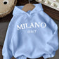 EZwear Casual Minimalist Milano Print Graphic White Hoodie Oversized Thermal Lined Warm Sweatshirt For Women, Suitable For Autumn/Winter