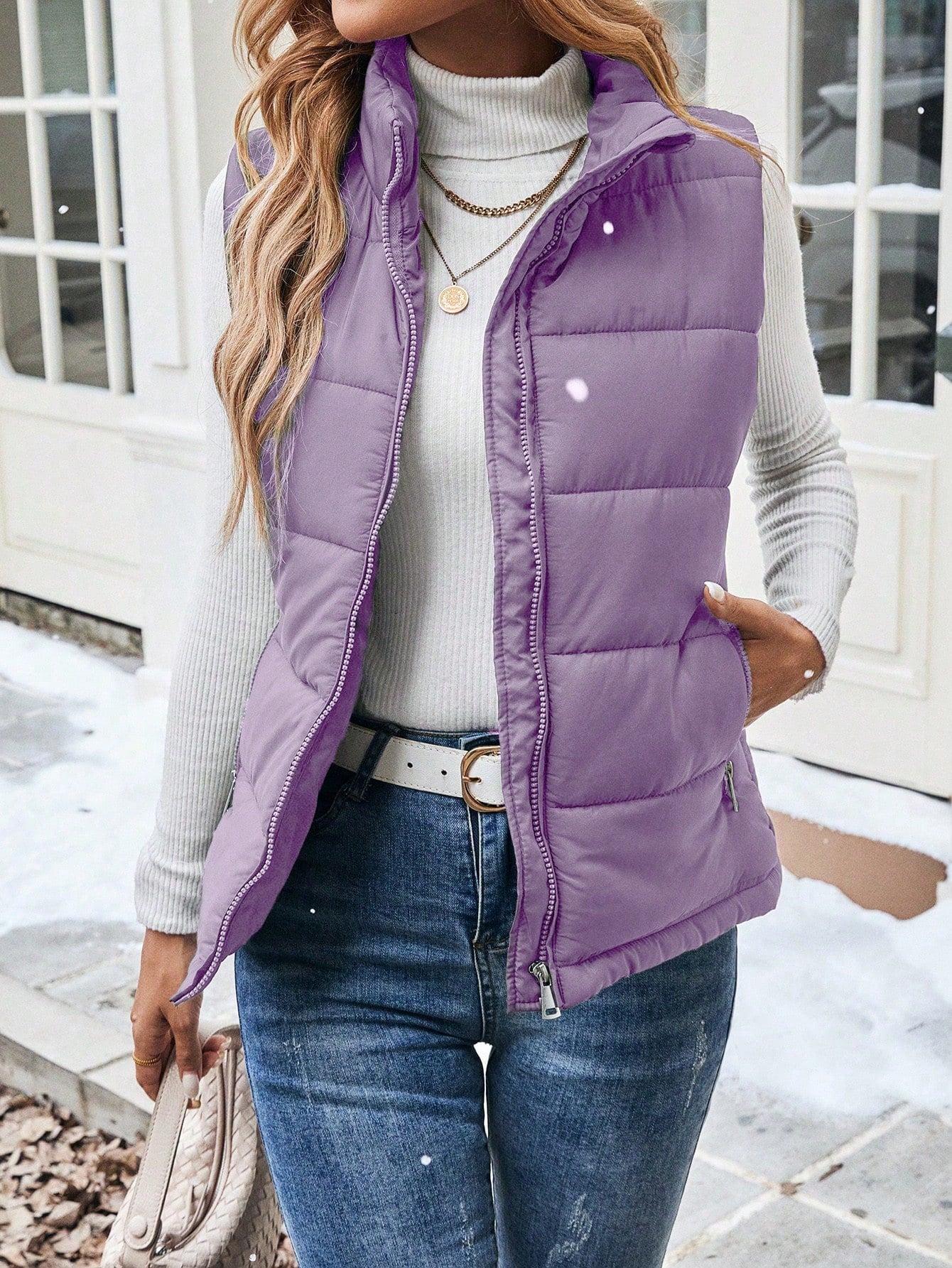 Raffinéa Plain Sleeveless Front Zip Simple Casual Puffer Vest