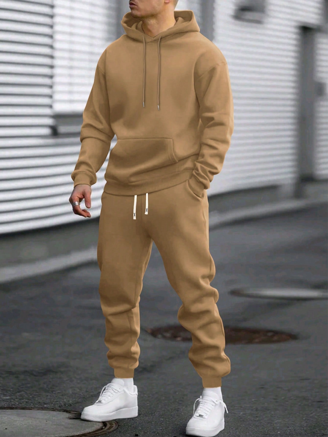 2pcs Men's Basic Solid Color Hooded Sweatshirt And Elastic Waist Drawstring Pants Set, Casual Sportswear Outfit