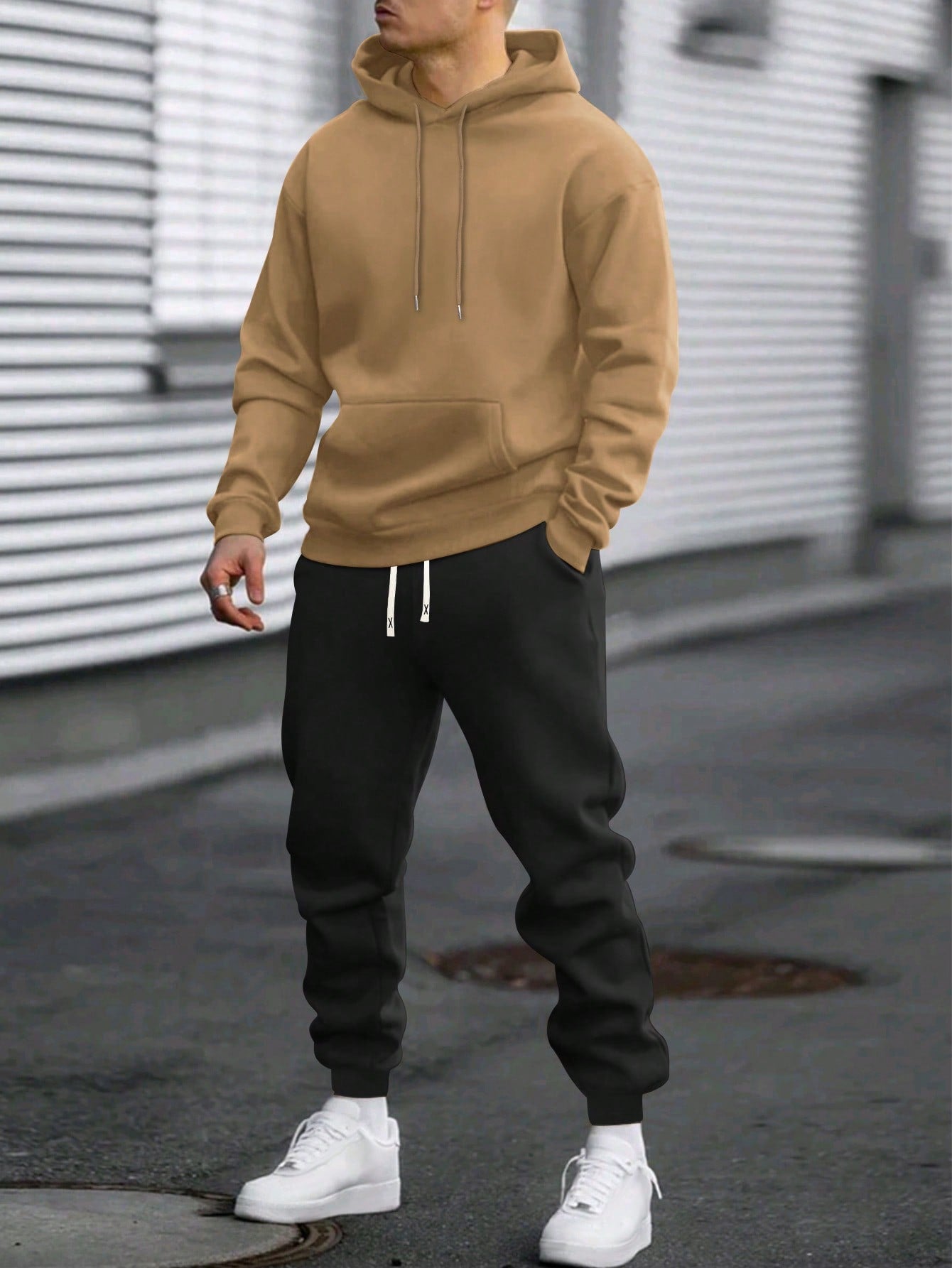 2pcs Men's Basic Solid Color Hooded Sweatshirt And Elastic Waist Drawstring Pants Set, Casual Sportswear Outfit